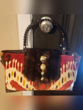Statement Red Patterned Vintage Handbag with Brown Fur Accent